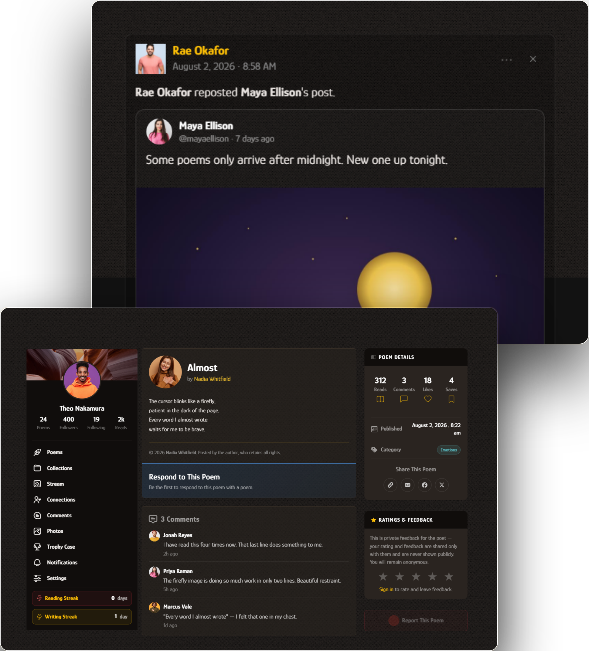 GS Poetry: a poet's profile with poems, collections, stream and trophy case, and one of their poems published with a reader's comment.